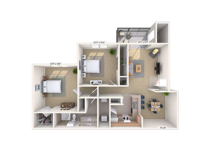 Floor plan for 2 beds, 1 bath, 874 sqft