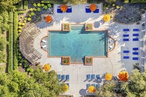San Antonio apartment for rent - An aerial view of a swimming pool surrounded by trees and sun loungers.