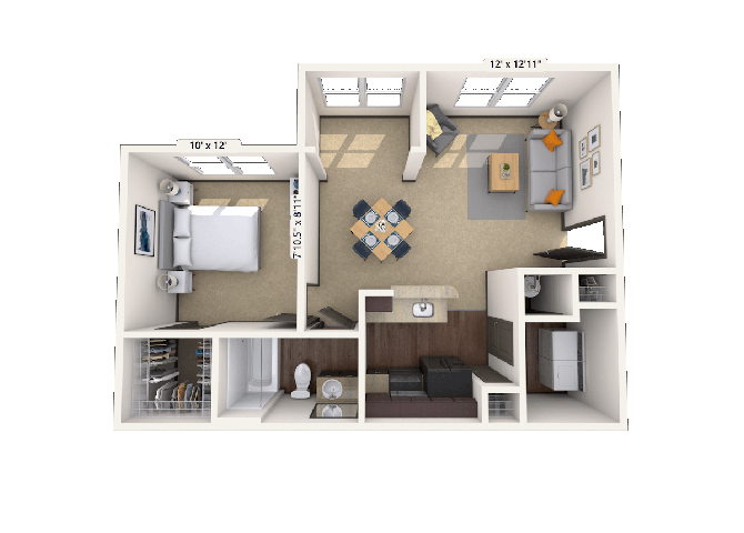 Floor plan for 1 bed, 1 bath, 678 sqft