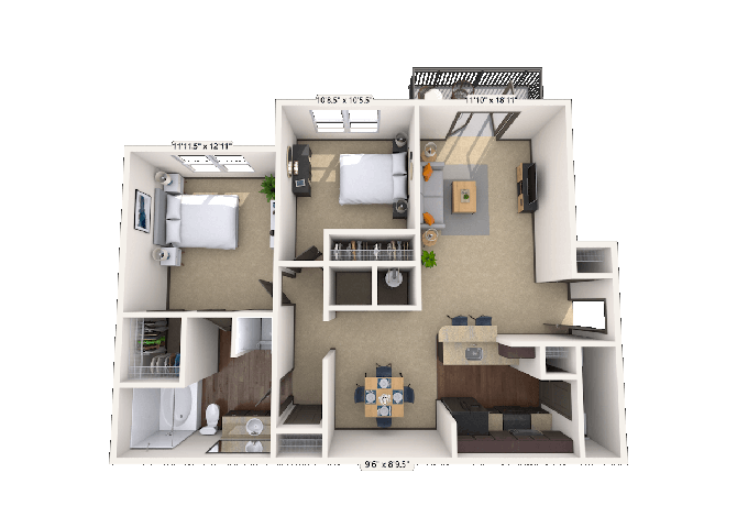 Floor plan for 2 beds, 1 bath, 1082 sqft