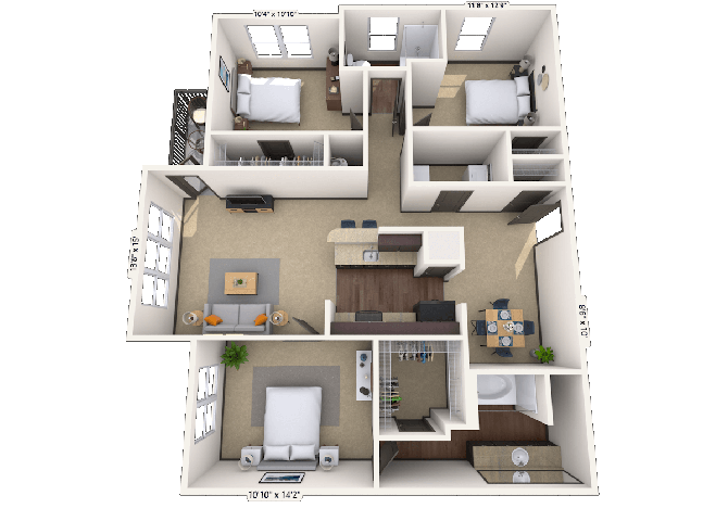 Floor plan for 3 beds, 2 baths, 1292 sqft