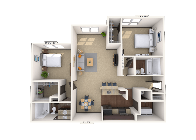 Floor plan for 2 beds, 2 baths, 1130 sqft