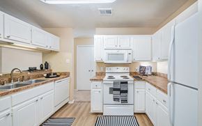 Plano apartment for rent - a kitchen with white cabinets and appliances and a sink