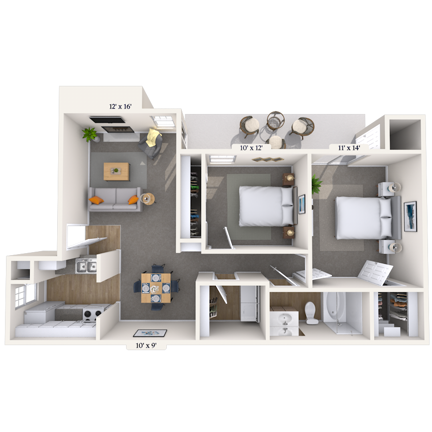 Floor plan for 2 beds, 1 bath, 807 sqft