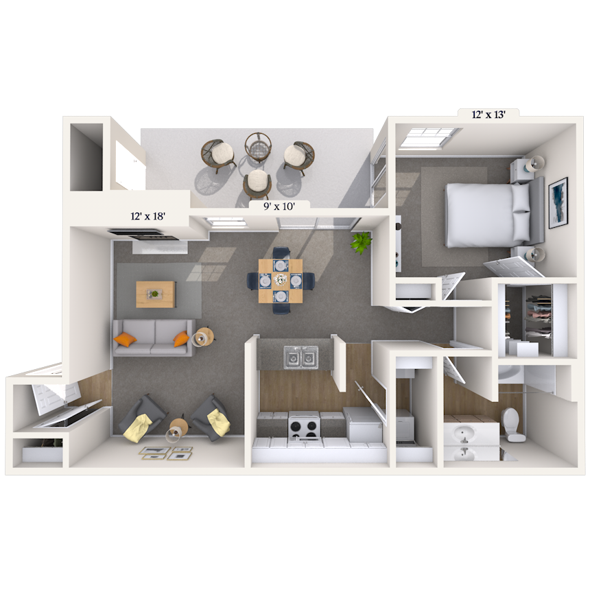 Floor plan for 1 bed, 1 bath, 739 sqft