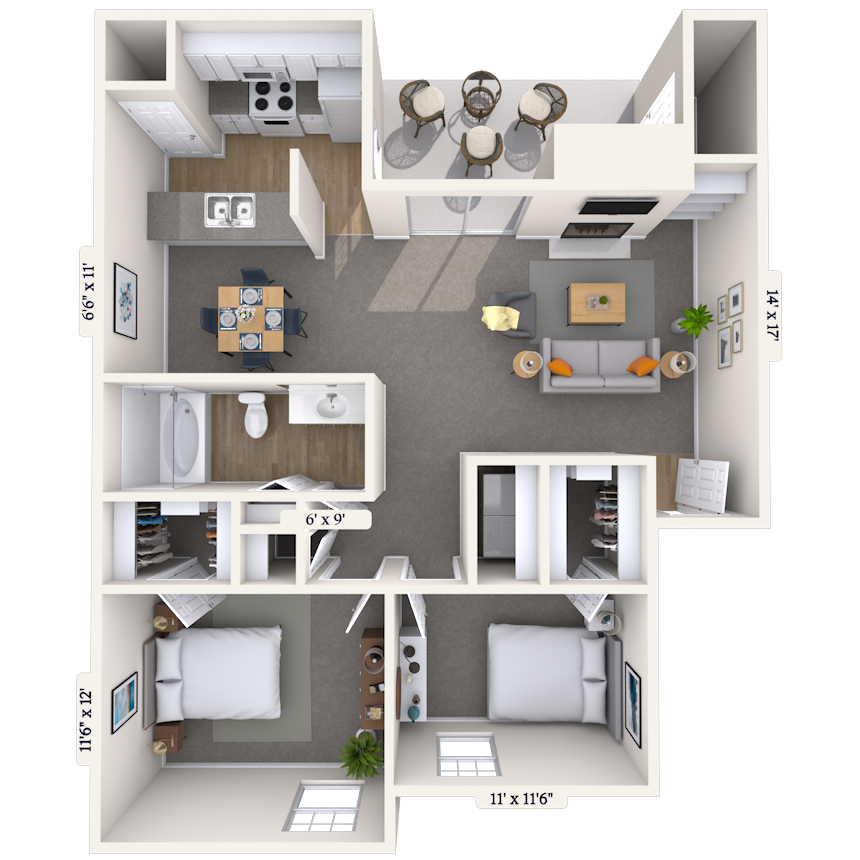 Floor plan for 2 beds, 1 bath, 882 sqft