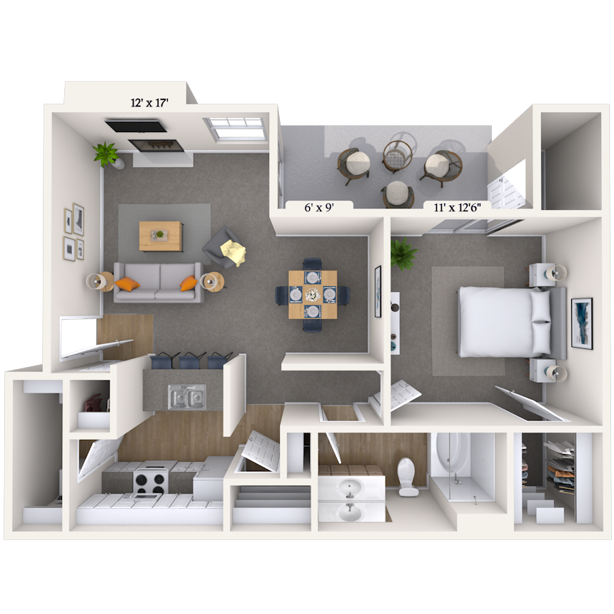 Floor plan for 1 bed, 1 bath, 636 sqft