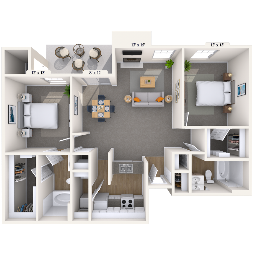 Floor plan for 2 beds, 2 baths, 951 sqft