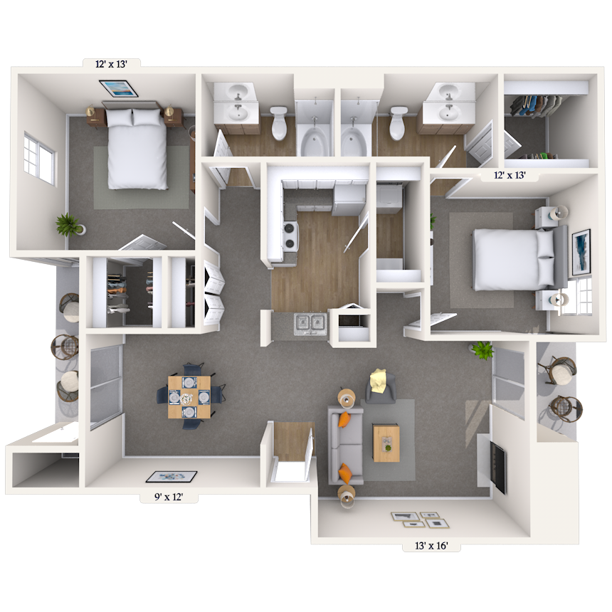 Floor plan for 2 beds, 2 baths, 1076 sqft