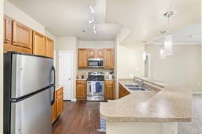 Frisco apartment for rent - a kitchen with stainless steel appliances and wooden cabinets