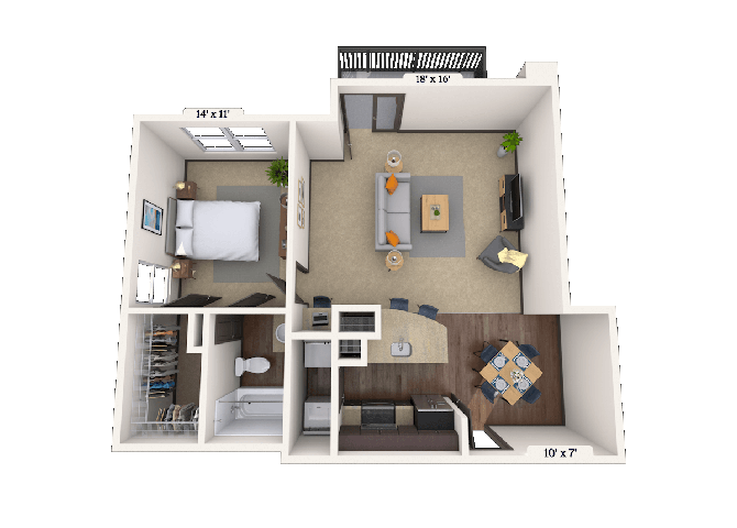 Floor plan for 1 bed, 1 bath, 753 sqft