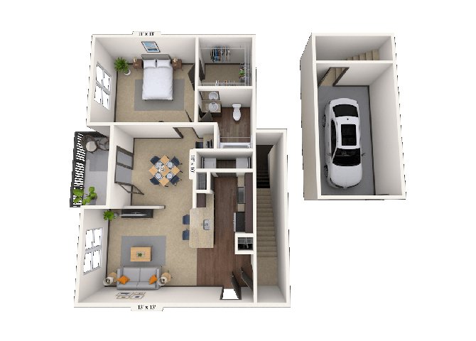 Floor plan for 1 bed, 1 bath, 744 sqft
