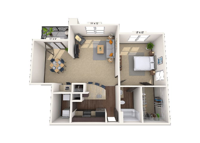 Floor plan for 1 bed, 1 bath, 761 sqft