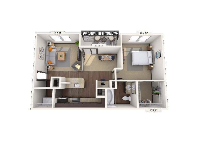 Floor plan for 1 bed, 1 bath, 878 sqft