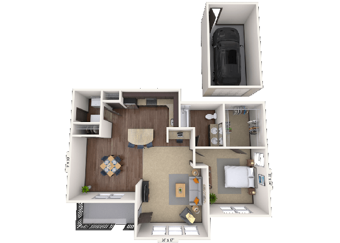 Floor plan for 1 bed, 1 bath, 897 sqft
