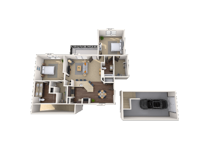 Floor plan for 2 beds, 2 baths, 1074 sqft