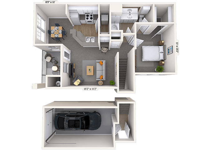 Floor plan for 1 bed, 1 bath, 727 sqft
