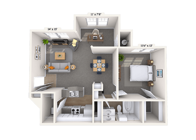 Floor plan for 1 bed, 1 bath, 800 sqft