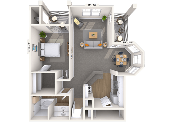 Floor plan for 1 bed, 1 bath, 844 sqft