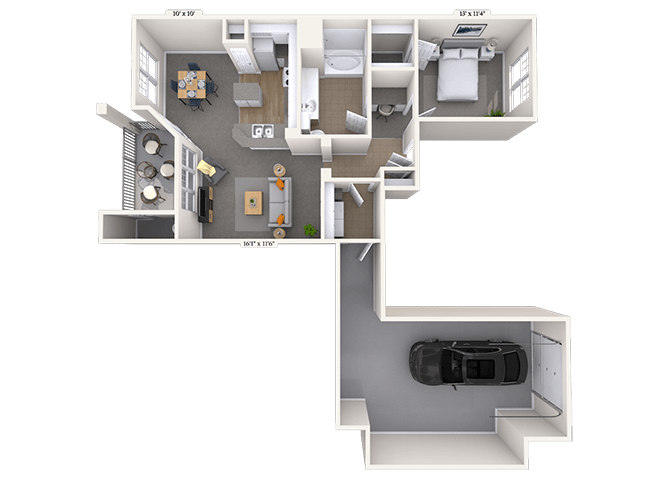 Floor plan for 1 bed, 1 bath, 899 sqft