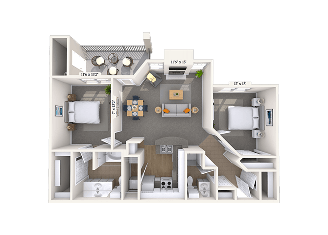 Floor plan for 2 beds, 2 baths, 980 sqft