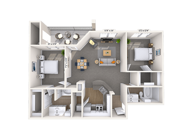 Floor plan for 2 beds, 2 baths, 1045 sqft