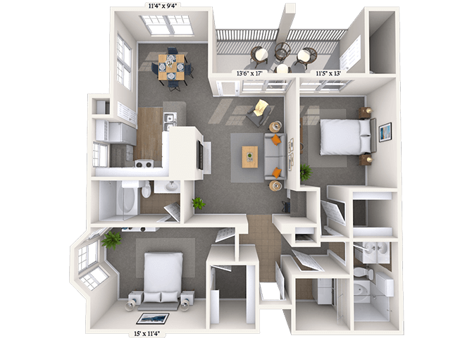 Floor plan for 2 beds, 2 baths, 1140 sqft