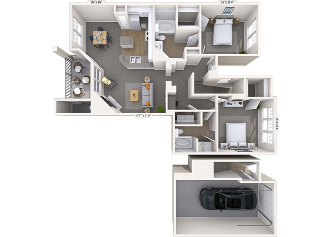 Floor plan for 2 beds, 2 baths, 1174 sqft