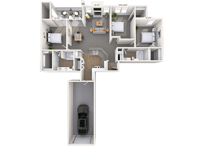 Floor plan for 3 beds, 2 baths, 1286 sqft