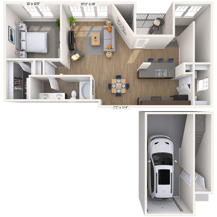 Floor plan for 1 bed, 1 bath, 961 sqft