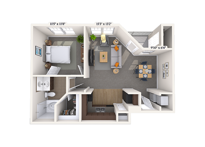 Floor plan for 1 bed, 1 bath, 650 sqft