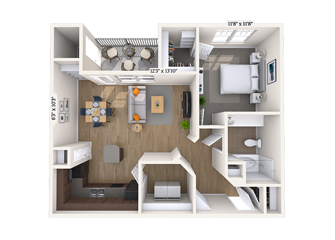 Floor plan for 1 bed, 1 bath, 762 sqft