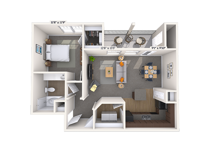 Floor plan for 1 bed, 1 bath, 784 sqft