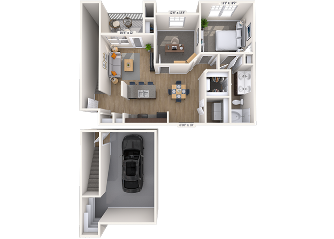 Floor plan for 2 beds, 1 bath, 962 sqft