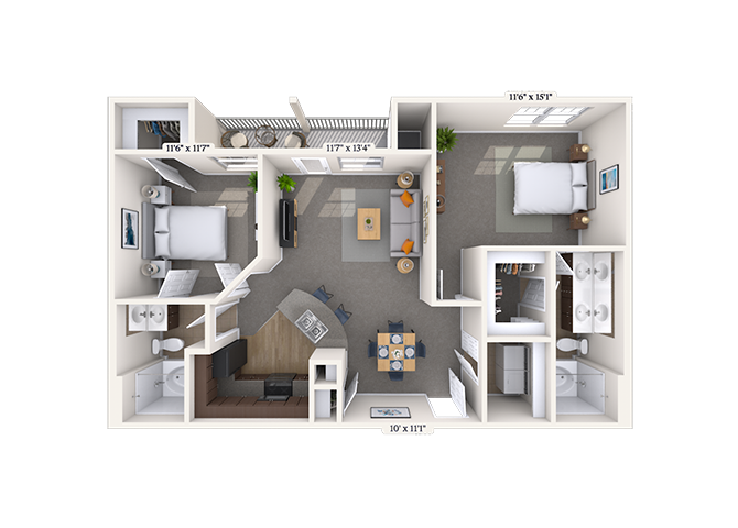 Floor plan for 2 beds, 2 baths, 1005 sqft