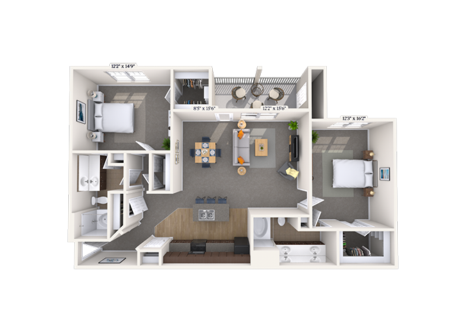 Floor plan for 2 beds, 2 baths, 1276 sqft