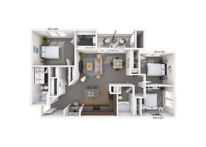 Floor plan for 3 beds, 2 baths, 1279 sqft