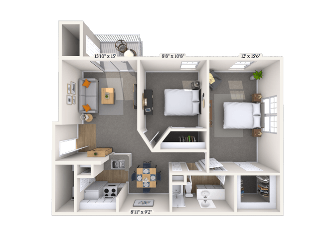 Floor plan for 2 beds, 1 bath, 885 sqft