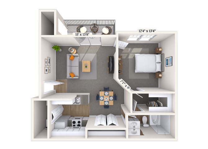 Floor plan for 1 bed, 1 bath, 650 sqft