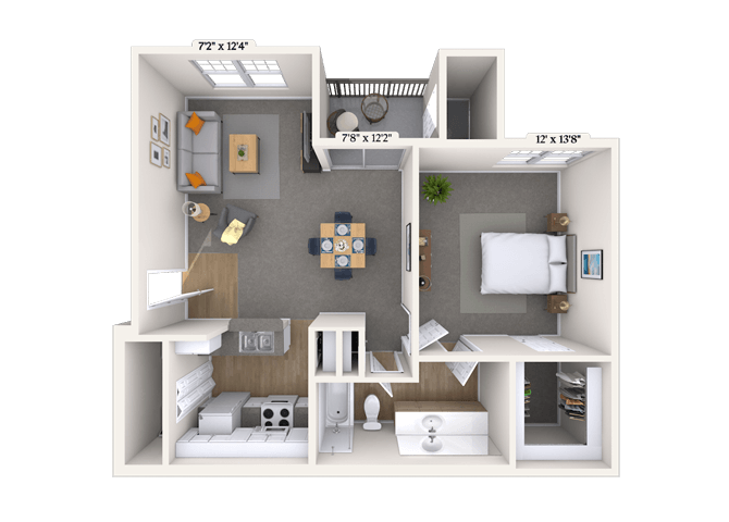 Floor plan for 1 bed, 1 bath, 724 sqft