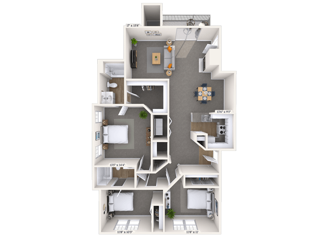 Floor plan for 3 beds, 2 baths, 1377 sqft