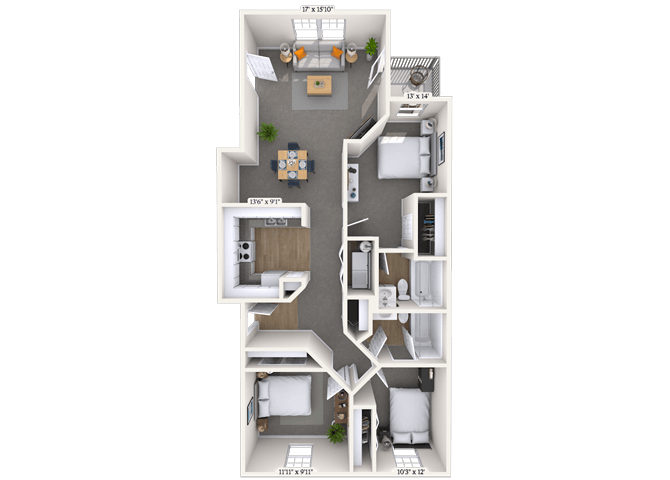 Floor plan for 3 beds, 2 baths, 1256 sqft