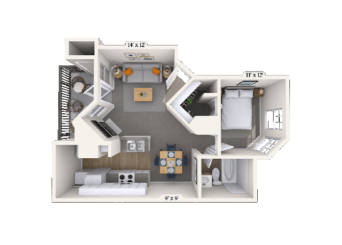 Floor plan for 1 bed, 1 bath, 665 sqft