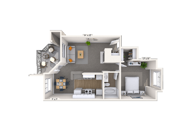 Floor plan for 1 bed, 1 bath, 713 sqft