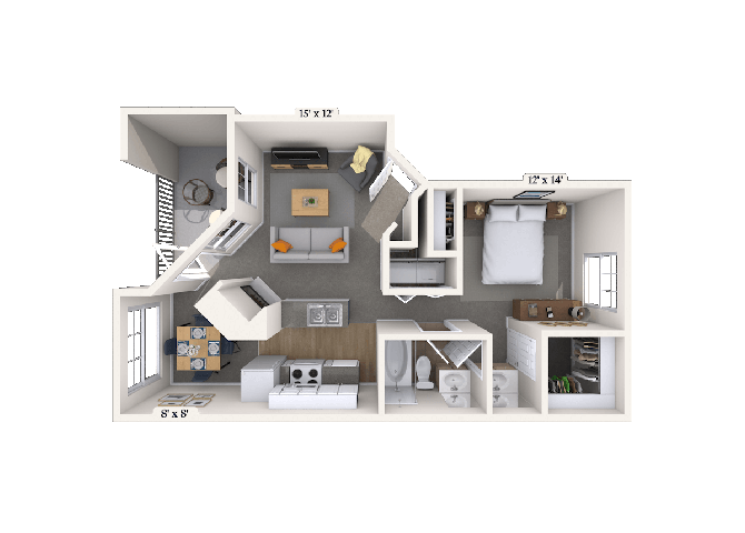 Floor plan for 1 bed, 1 bath, 773 sqft