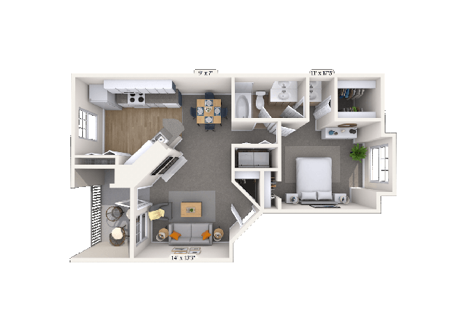 Floor plan for 1 bed, 1 bath, 830 sqft