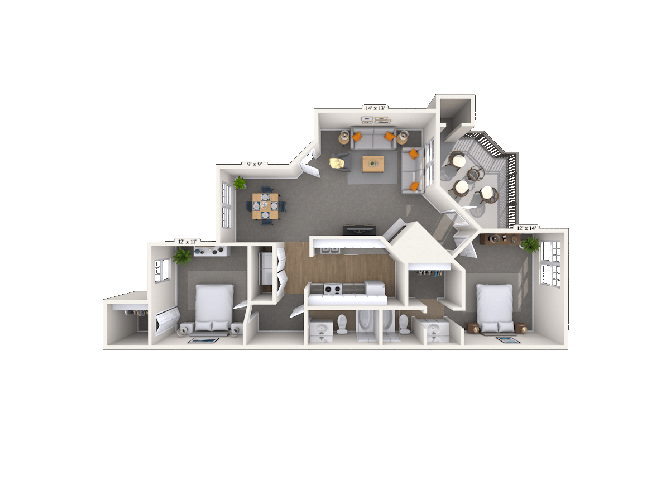 Floor plan for 2 beds, 2 baths, 974 sqft