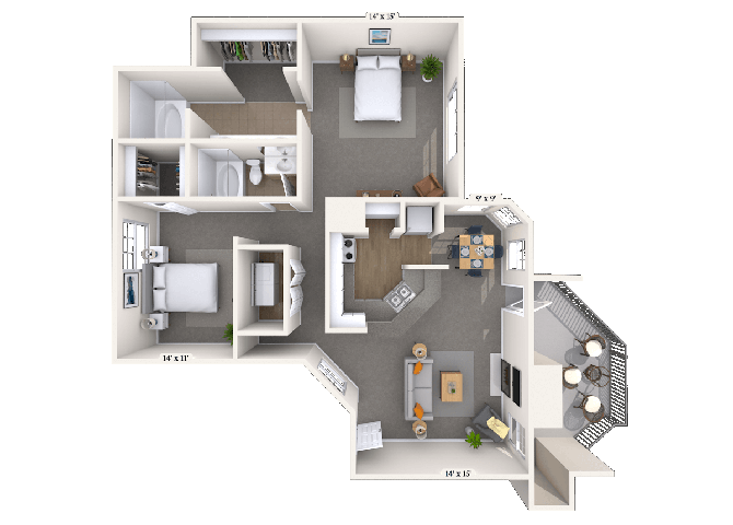 Floor plan for 2 beds, 2 baths, 1062 sqft