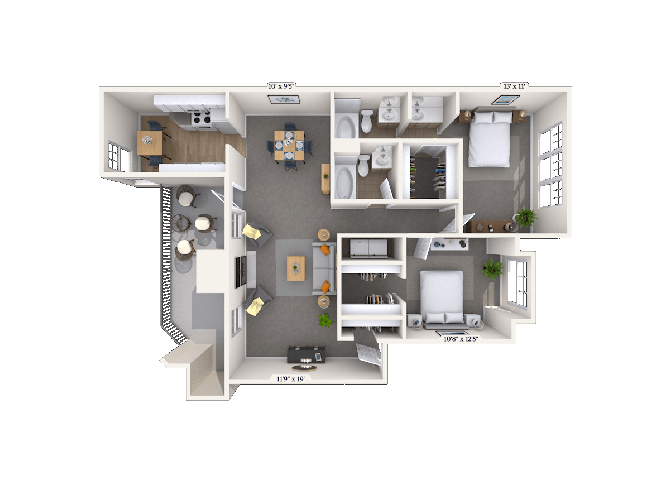 Floor plan for 2 beds, 2 baths, 1077 sqft