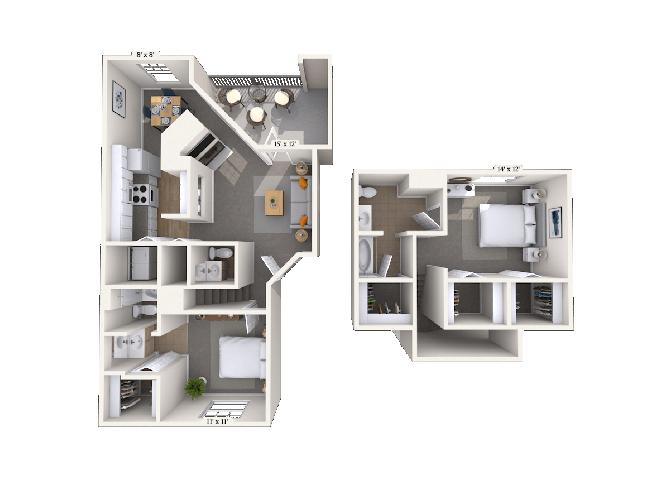 Floor plan for 2 beds, 2 baths, 1222 sqft